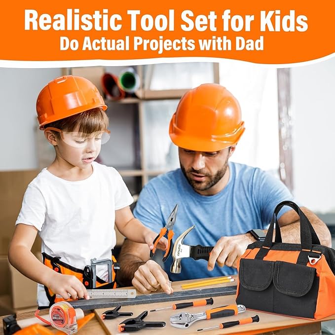 27-Piece Orange Kids Tool Set with Tool Storage Bag, Real Hand Tool Kit for Boys & Girls, Children Learning Tools for DIY Building, Woodworking and Construction, 6+ Years Old Birthday