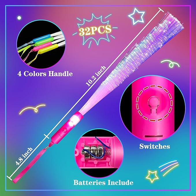 32 Pcs Colorful Glow Fiber Wands,Toys Glow Sticks Bulk Party Pack for Adults,Glow in the Dark Party Supplies for Back to School Halloween , Wedding, Birthday,Classroom,Concert,Pool Party Favors
