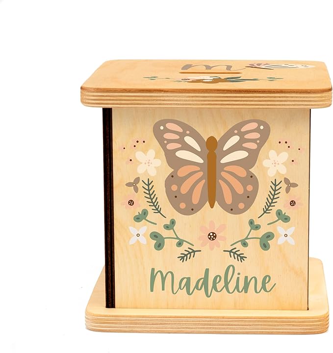 Wooden Piggy Bank for Kids and Adults, Personalized Gift Handmade in USA by BloomOwl, Custom Piggy Bank, Personalized Banks for Kids, Gifts for Baby Boys and Girls (Butterfly)