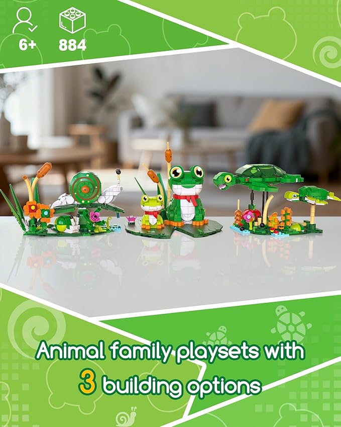 3 in 1 Animals Frog Family Building Set - Animal Figures with 3 Building Options, Create Frog, Turtle or Snail Family - Educational Toy Birthday Gift for Girls and Boys Ages 6+
