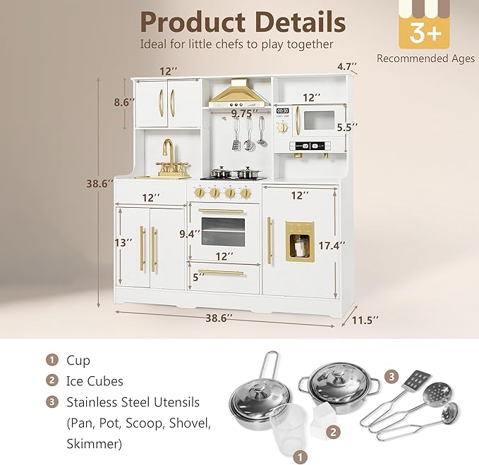 Kinder King Wooden Kids Play Kitchen, Toy Kitchen Playset for Toddler, Play Kitchen Set w/Real Sounds, Pretend Coffee Machine, Kitchen Hood, Sink, Ice Maker, Gift for Boys Girls Age 3+, White