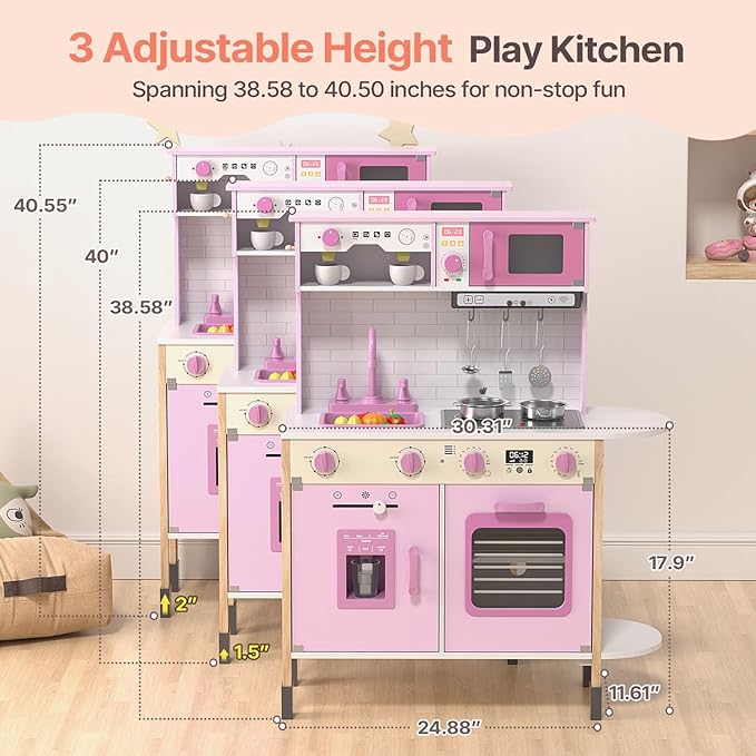 BIERUM Play Kitchen, Wooden Kids Kitchen Playset for Toddlers with Real Lights & Sounds, Height Adjustable Toys Kitchen with 30 Pcs Toy Food & Cookware Accessories (Pink)