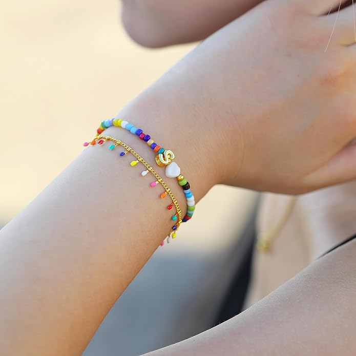 Turandoss Colorful Beaded Bracelets for Women - Trendy Boho Layered Bracelet Cute Charm Bracelets for Teen Girls Summer Gifts Jewrly