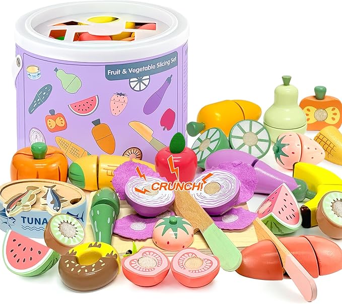 WHOHOLL Play Food Set for Play Kitchen Accessories, Wooden Toys Food Pretend Cutting Food with Apron, Montessori Velcro Fruit and Veggies for Toddlers 3+ Years Old Girls Boys