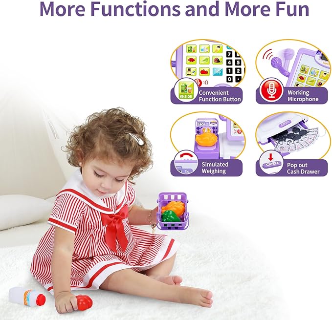 FS Pretend Play Cash Register Toy Preschool Gift for Kids, Classic Count Toy with Sound, Microphone, Scanner, Credit Card, Play Food for Boys & Girls, 57 Pieces Play Set, Ages 3 4 5 6 7, Purple