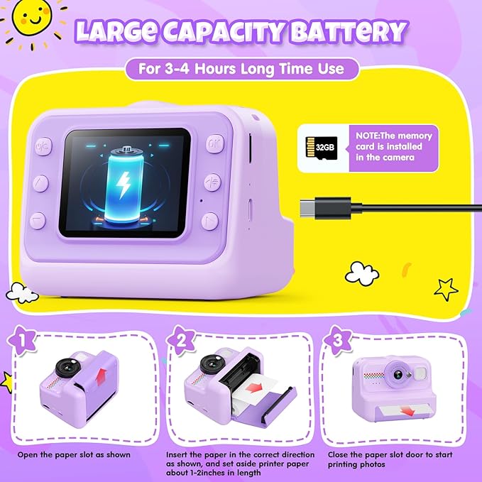 Kids Instant Print Camera, 1080P HD with 3 Rolls Print Paper & 32GB Card, Ideal Kids Toys Gift for Boys & Girls Age 3-14 (Purple)