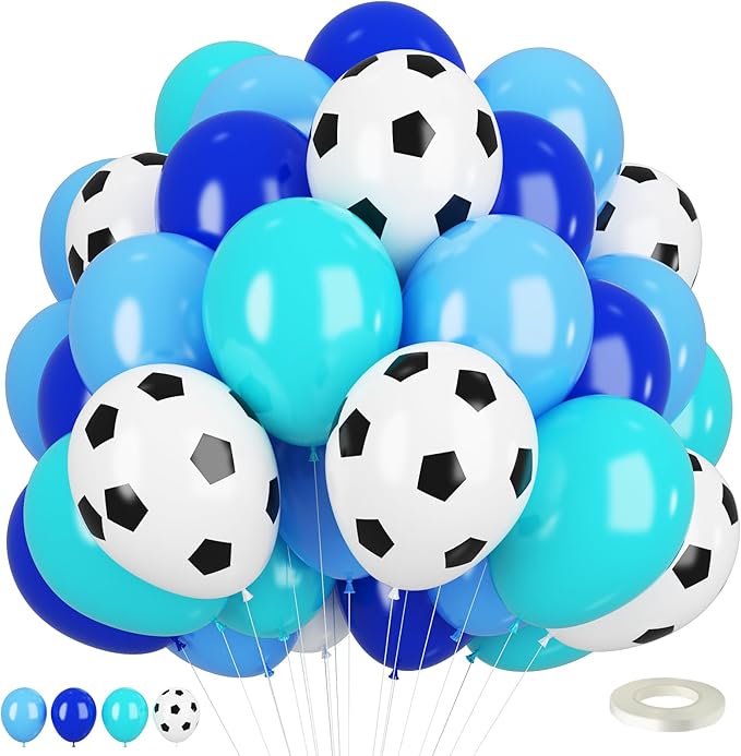 Soccer Ball Balloons, 12 inch Football Balloons Blue Teal Light Blue Soccer Birthday Latex Balloons for Boys Soccer Theme Birthday Party Supplies Children Football Party Decorations