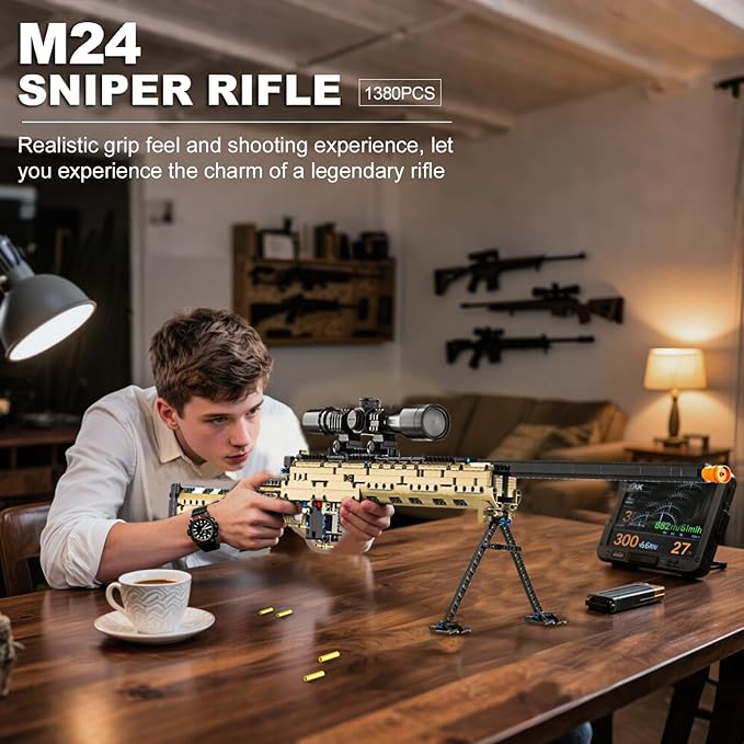 M24 Building Blocks Gun-Sets for Adults Boys, 1:1 Sniper Rifle Big Model Kit That Shoot Army Toys for Kids Age 8+, Realistic Military Collection Cool Birthday Gifts for Teen Men 1380pcs