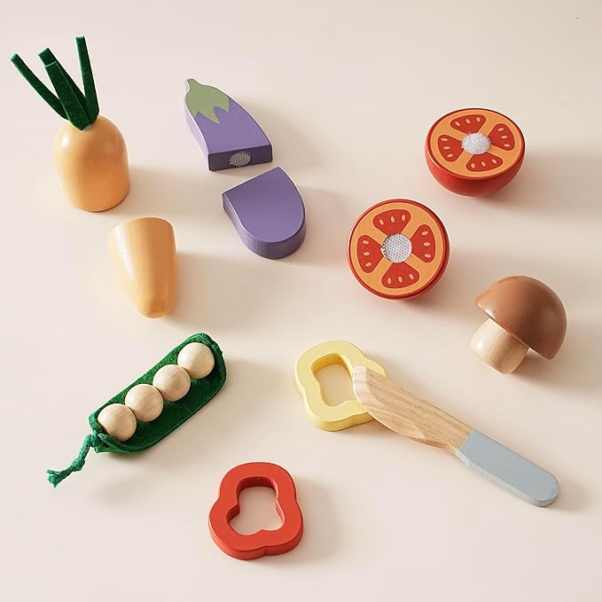ROBOTIME Wooden Play Food Cutting Vegetable Set, Pretend Play Toy Food for Play Kitchen with Shopping Bag – Kids Kitchen Accessories, Wooden Veggie Toys for Boys & Girls