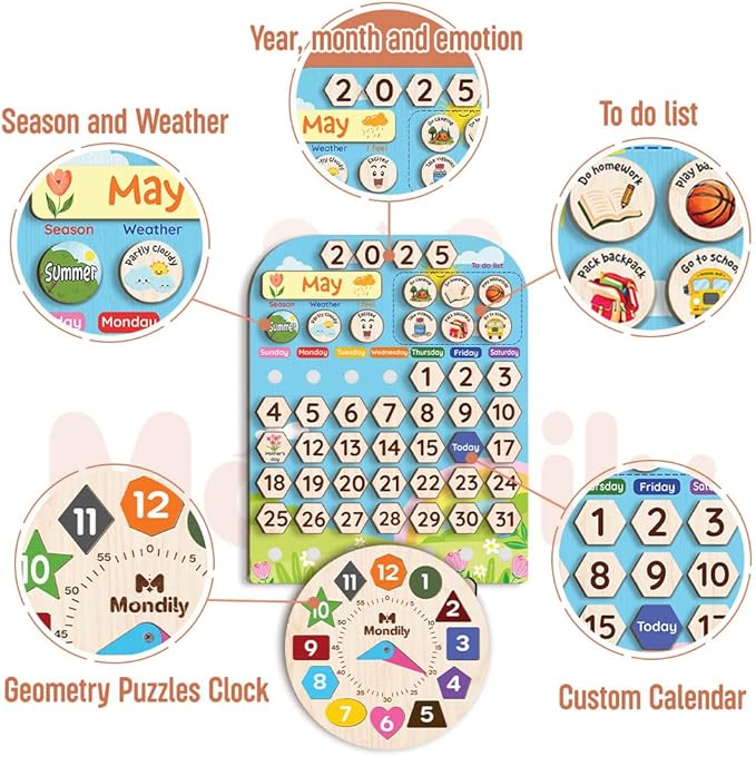 Interactive Calendar for Kids Ages 3+, Wooden Toddler Calendar, Teaching Seasons, Years, Months, Days of Week, Daily Activity Calendars for Kid Preschool & Homeschool (12 x 15 inches)
