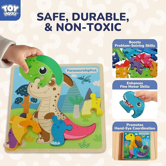 TOY Life Wooden Puzzles for Toddlers 2-4, 6 Pack Dinosaurs Puzzles for Toddler 1-3, Kids Montessori Toys for 1 2 3 Year Old, Educational Toys for Boys Girls Age 2 3 4 5, Baby Learning Toy Gifts