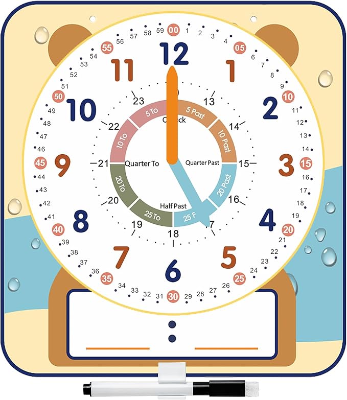 Large 12" Magnetic Writable Dry Erase Teaching Clock with Cute Style, Teaching Demonstration Clock for Kids Learning Practice Time for Home School Classroom Supplies (12" x11"-Beige)