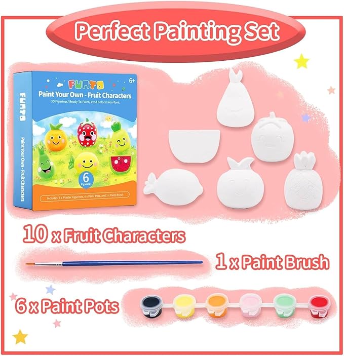 Funto Paint Your Own Fruits Painting Kit, 13 PCS Crafts Set for Kids, STEAM Project Creative Activity DIY Toys with 6 Figurines, 6 Paint Pots, 1 Brush