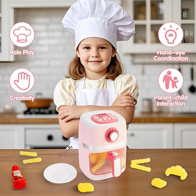Play Kitchen Accessories, Pretend Kitchen Appliances Set with Toy Air Fryer for Kids with Sound and Lighting, Color-Changing Play Food, Birthday Gift for Boys and Girls Ages 3-5 4-8,Pink