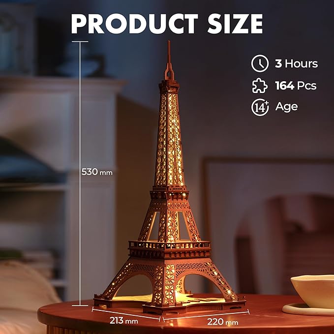 ROBOTIME 3D Puzzle for Adults DIY Model Building Kit with LED Light Wooden Eiffel Tower Craft Kit Architecture Toy Set Brain Teaser Gifts for Friend