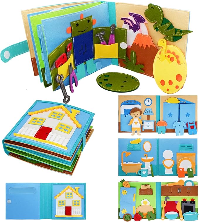 Montessori Felt Busy Book Toddlers Quiet Book Preschool House Pretend Play Early Learning Educational Travel Toys for Kids Age 2 3 4 5 6 Travel Essentials Daily House Learning Activitie Boys Gift