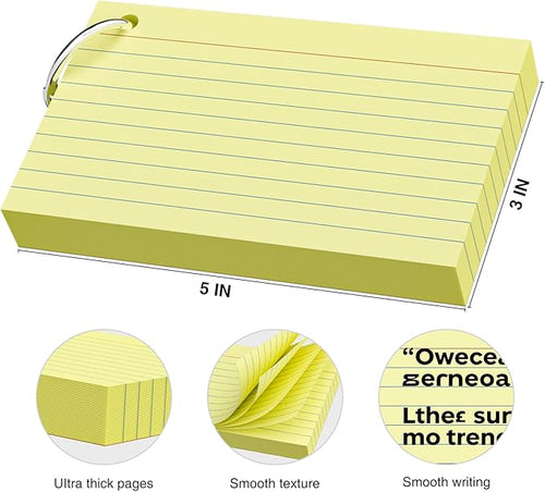 250 Count Yellow Index Cards 3x5 Inch with Key Ring, Color Flash Index Card (50 Sheets Each), Durable & Portable Note Taking for Students, Teachers, Study Note Cards for Office Home School