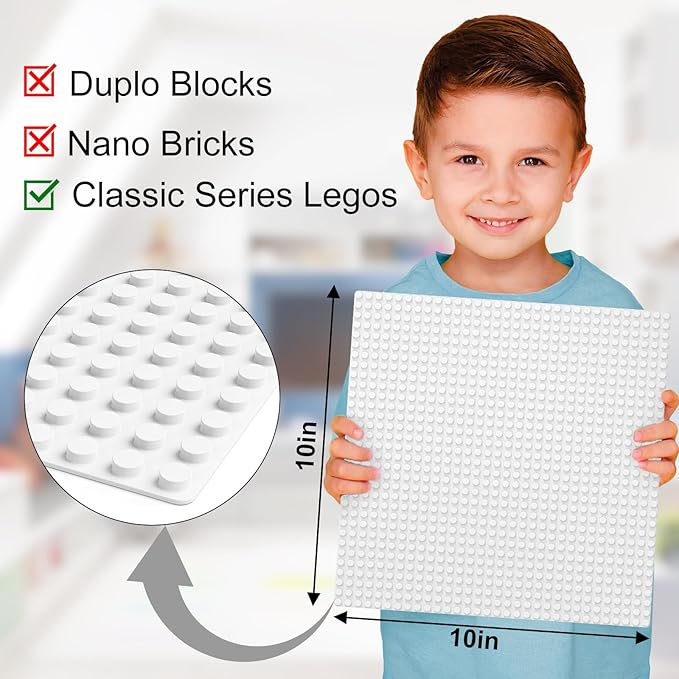 Classic Baseplates, Peel and Stick Base Plates for Building Bricks, Compatible with Major Brands, Self-Adhersive Base for Bricks 10" x 10", 6 Pack White