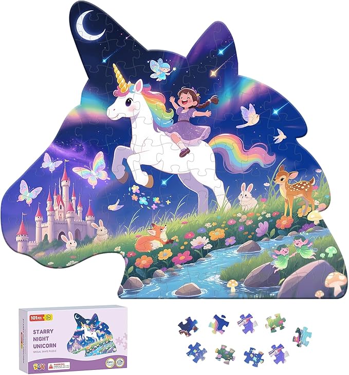ELX 101 Piece Unicorn Jigsaw Puzzle for Kids Ages 4-10, Unicorn Shaped Floor Puzzle Preschool Learning, Educational Learning Toys for Kid Boys Girls Ages 4 5 6 7 8 (20 X 17 in)