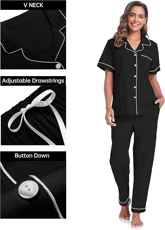 CF Womens 100% Cotton Pajamas Set Button Down Pjs Sets Short Sleeve Top & Long Pants Sleepwear Comfy Loungewear with Pockets