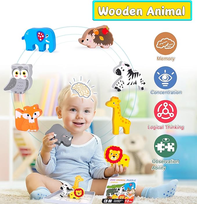 Wooden Animal Puzzles Toys for Toddlers,12PC Safari Animal Figures,Animal Matching Sorting Stacking Toys for Boys Child Girls,Educational Learning Toys Gift for Kids (Safari)