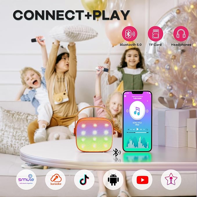 Mini Karaoke Machine for Kids Adults, Portable Bluetooth Speaker with 2 Wireless Microphones, Birthday Gifts Toys for Girls Boys Ages 3, 4, 5, 6, 7, 8, 9,10,11,12+ Years Old Toddler (Orange)