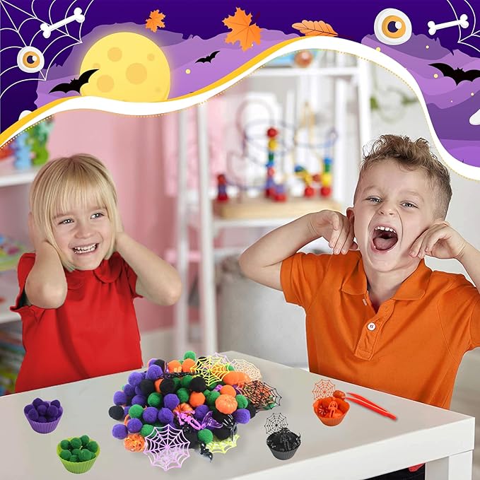 174Pcs Halloween Sensory Bin Filler Fine Motor Toys Horror Sensory Bin Items 100 Pompoms 8 Acrylic Pumkins 8 Witch Hats 8 Spiders 8 Bats 8 Skeleton Men 8 Skull 8 Spider Web 4 Foam Pumkins