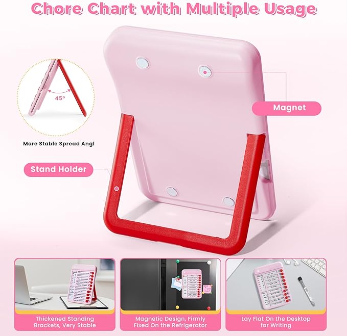 Chore Chart for Kids, Visual Schedule for Kids with Autism, Chart Board with 12 Reusable Sheets, Routine Chart Dry Erase Board for Kids, Magnetic Chore Chart for Fridge, Desk, Home - Pink