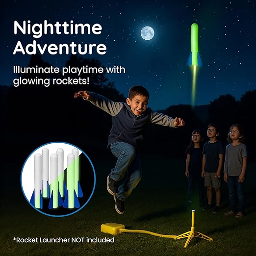 6 Pack Glow-in-The-Dark Foam Rockets - Botabee Stomp Rocket Refills - Outdoor Toy Set - 6.5 Inch Length - Exciting Universal-Fit Replacement for Rocket Launcher for Kids - Safe Foam Design