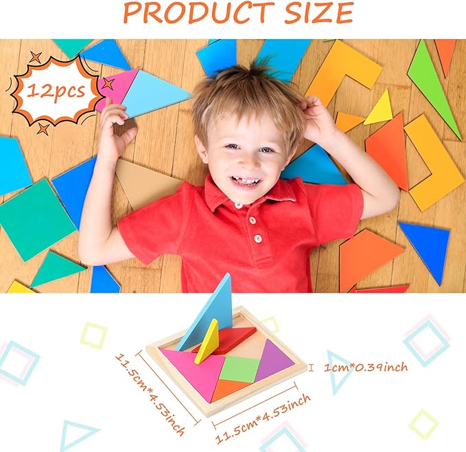 Meooeck 12 Pack Tangrams Wooden Puzzles Tangrams Classroom Set for Kids Shape Puzzles Brain Logic Blocks for Games Educational Gifts for Adults Kids Ages 4-8 8-12(Classic Style)