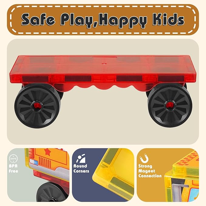 Magnetic Tiles Cars Construction Set - 19 PCS Magnetic Tiles Magnet Bricks Truck Sensory Toys, Educational Magnet Cars Set Building Blocks for 3 4 5 6 7 8+ Year Old Girls Boys Toddler Expansion Set