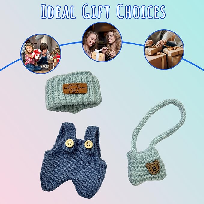 Clothes for Dolls, Handcrafted Crochet 3-Piece Set for 17cm Doll, Stylish Knitted Outfit with Hat, Overalls, Bag Accessories for Doll