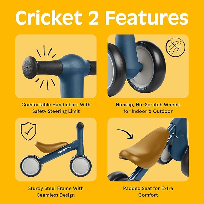Retrospec Cricket 2 Baby Walker Balance Bike with 4 Wheels - Safe Learning Toy for Ages 12-24 Months - Scratch-Resistant Indoor Outdoor Toddler Riding Toy with Steering Limit & Soft Grips