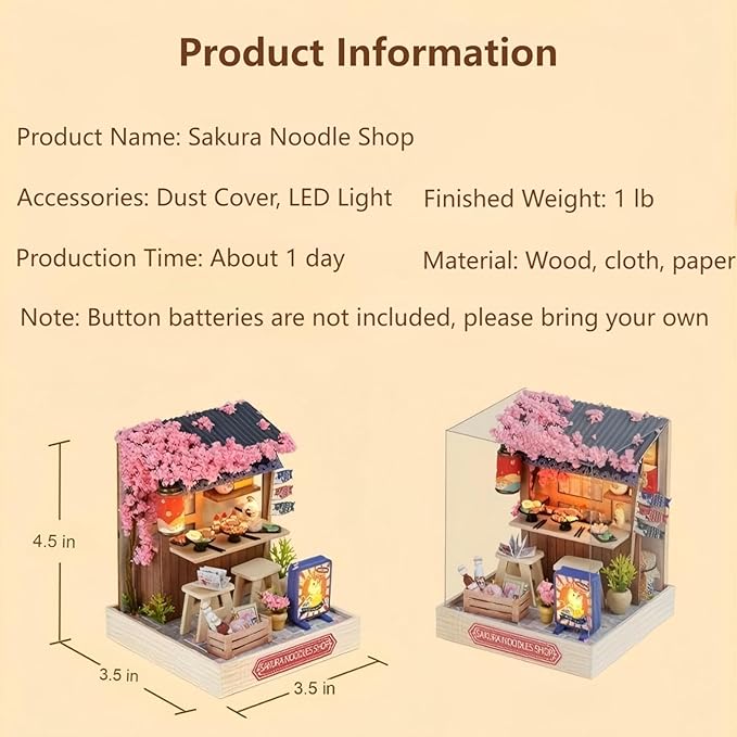 OZJAY DIY Miniature House Kit with Dust Proof Cover, 1:24 Scale Creative Room Mini DIY Wooden Dollhouse Miniature Kit for Adults Teen-Sakura Noodle Shop