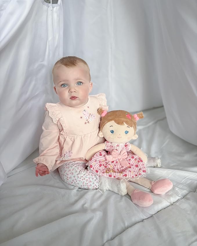 LeyaDoll Personalized Soft Baby Doll Toys for Girls (16''), My First Christmas Dolls, Leya Doll Baby Rag Doll Plush Toys for Toddler Kids Infants -Strawberry Girl