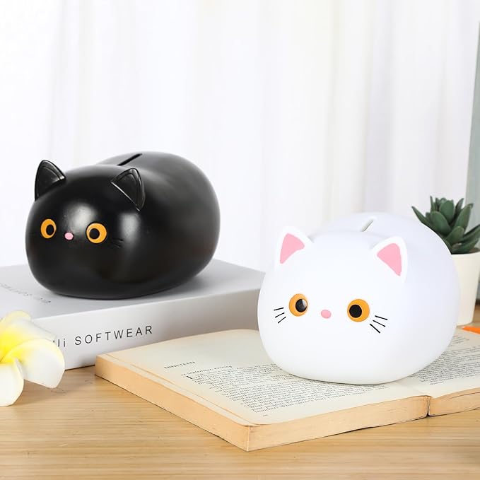 H&W White Cat Piggy Bank for Girls,Plastic Coin Bank,Unbreakable Money Bank,Cute Piggy Bank for Kids,First Money Box,Best Birthday