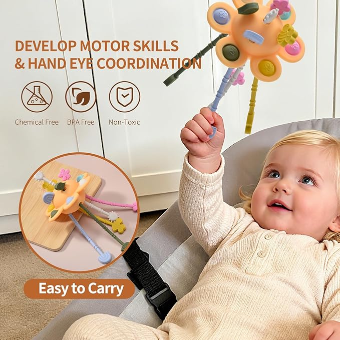 Silicone Baby Sensory Montessori Toys & Pull String Teething Toys for 6-12-18 Months, Toddler Birthday Gift Car Seat Airplane Travel Toy for 1 2 Year Old Boy Girl Infant 8 9 10 Months Old (Orange)