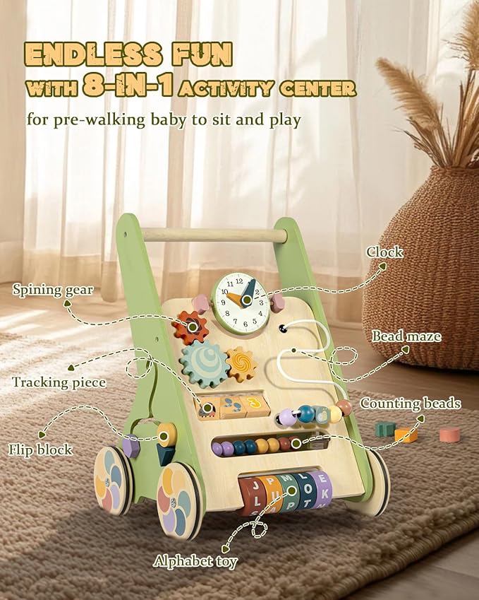 Wooden Baby Walker with Wheels, Push Walker for Baby Boy 6-12 Months, Baby Activity Center Sit to Stand Walker Small Size