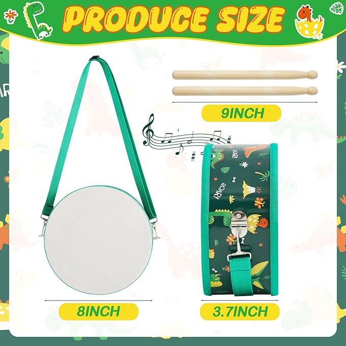 Boao 1 PC Kids Drum Set, 8 Inch Toddler Drum Wooden Toy with Adjustable Strap and 2 Drumsticks, Educational Sensory Musical Instrument for Toddlers Kid Baby Boys Girls Gift(Dinosaur)