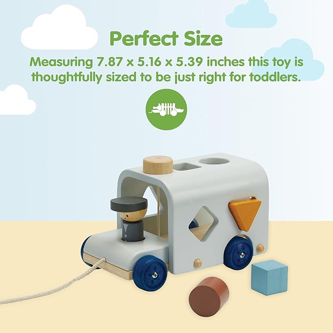 PlanToys Shape Sorting Bus Wooden Pull Toy - Non-Toxic, Sustainably-Made Pull Along Wooden Toy