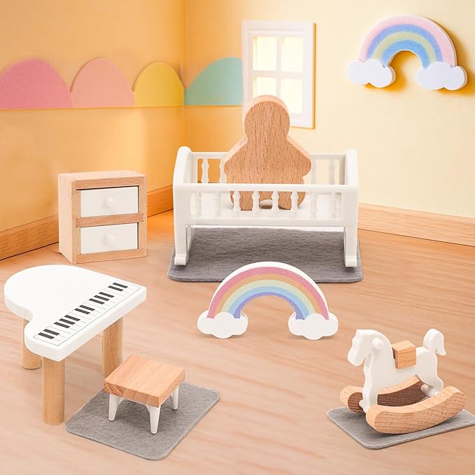 Wooden Dollhouse Furniture Set Elegant Kid’s Room & Bathroom Doll House Accessories, Premium Wood Toys for 3-6 Year Olds, Dollhouse Decor Set for Girls & Boys Birthday Christmas
