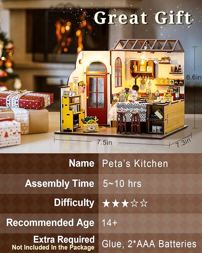 Miniature House Kit – Peta’s Kitchen, DIY Dollhouse with Furniture & LED, Wooden Tiny House Craft Gift for Adults Women Teens