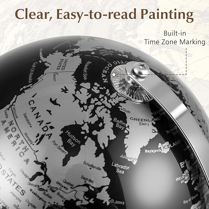 8" World Globe, Black Earth Globe with Silver Accents, Metal Stand, Non-slip Base & Time Zone, Decorative Tabletop Desk Globes for Classroom, Office & Home