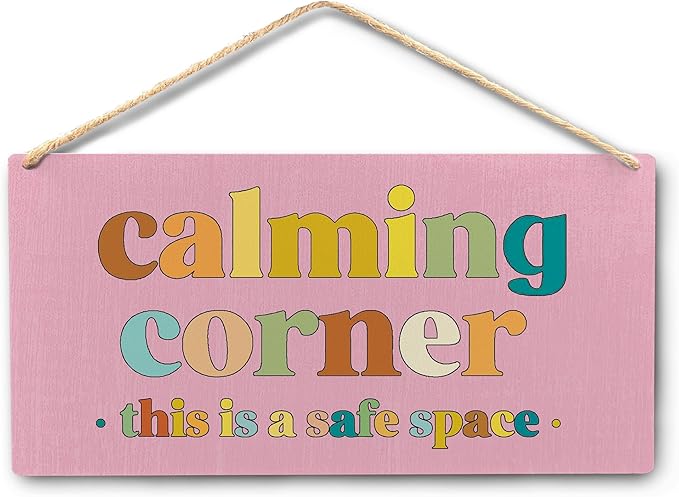 Calming Corner Hanging Wood Sign Plaque - Safe Space, Classroom Decor, School Counselor Office, Calm Down Corner Decorations, Boho Decor (Pink), 12x6