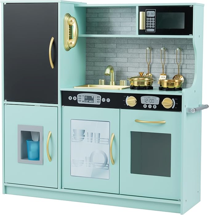 Costzon Kids Kitchen Playset, Wooden Pretend Cooking Toy Set w/Real Sound, Large Blackboard, Telephone, Microwave, Ice Maker, Dishwasher, Oven, Storage Space, Play Kitchen for Kids (Green)