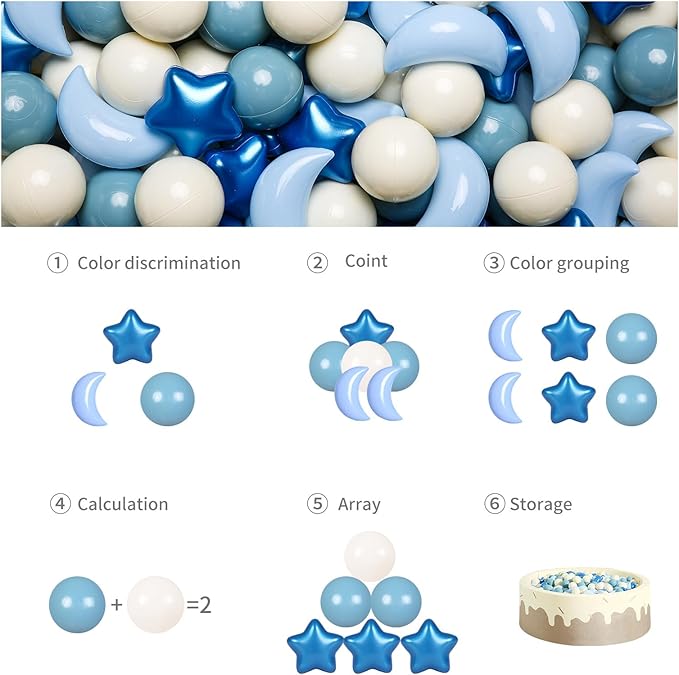 GOGOSO Ball Pit Balls Stars Moon Shapes Plastic Pitballs for Toddler Play Tent Baby Photo Props Kids Pool Water Toys Kiddie Pool Party Decor, Pearl Blue+Cream Blue+White,100PCS