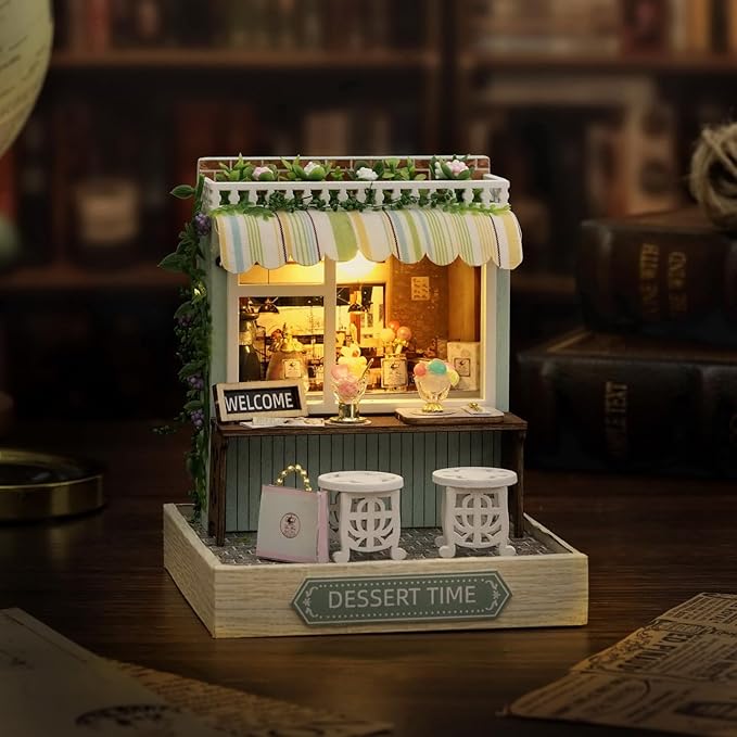 Miniature House Kit, CUTEROOM Tiny House Kit Wooden Dollhouse Kit Mini House Making Kit with Dust Cover, DIY Dollhouse Kit Birthday Gift (Dessert Time)
