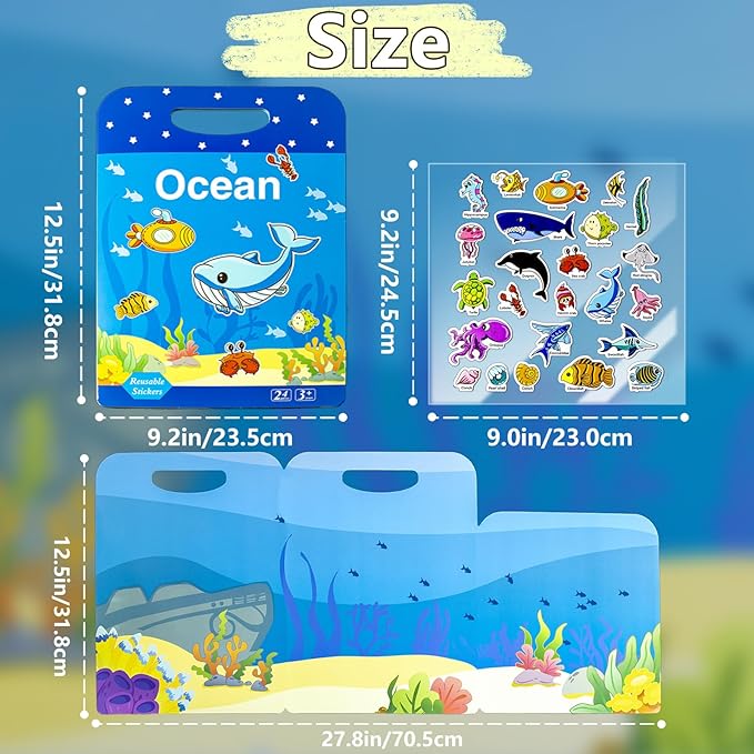 3 Pack Reusable Sticker Books for Kids, Waterproof Puffy Stickers - Match The Shape and DIY Scene, Toddler Travel Essential Quiet Time Activities Toys - Ocean, Vehicles and Space (2-6 Age)