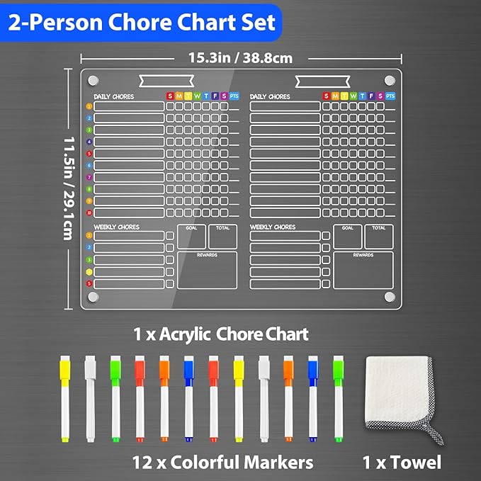 PigPotParty 2-in-1 Acrylic Magnetic Chore Chart for 2 Kids, Couples, Roommates, 15"x11" Large Dry Erase Chore Board for Fridge, Clear Weekly & Daily Reward Chart, Includes 12 Markers & Towel