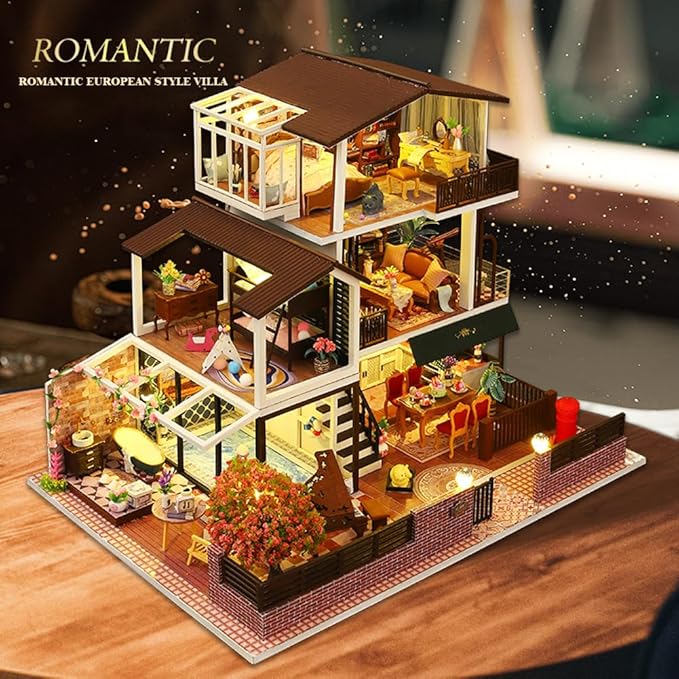Yuzhen DIY Miniature Dollhouse with Furniture and LED Lights, European Style Villa Wooden Dollhouse Includes Dustcover and Music Movement, Exquisite Home Decor